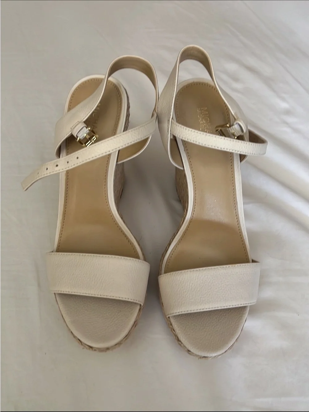 MICHAEL Michael Kors Ivory Leather Wedge Sandals with Ankle Strap
